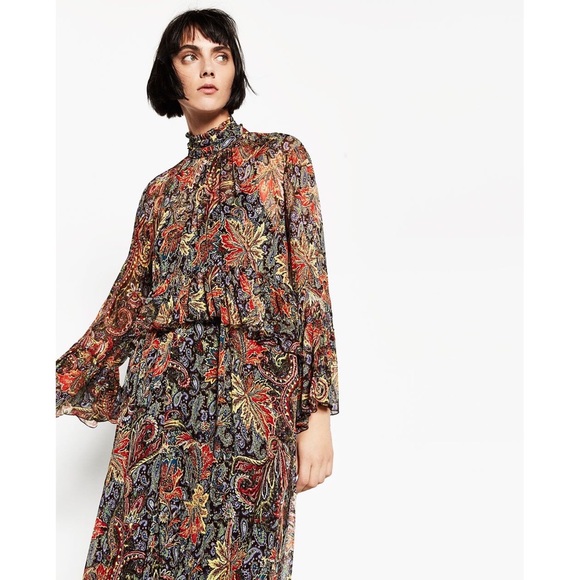 Zara Boho Floral Paisley Midi Dress with Bell Sleeves - Picture 3 of 12